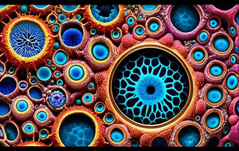 **Microscope image:** A vibrant, high-magnification view of cells teeming with life, showcasing intricate cellular structures and dynamic movements, akin to a detective's magnifying glass revealing a hidden world.