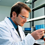 A professional chemist in a modest lab coat and safety glasses, meticulously observing a clear glass beaker on a pristine lab bench. Inside the beaker, a copper wire visibly transitions from shiny to a darkened, oxidized state. Beside it, a small, partially browned apple slice and a piece of rusted iron illustrate common oxidation examples. The laboratory is well-lit with modern equipment in the background, conveying a clean and organized environment. The subject maintains a natural pose with perfect anatomy, well-formed hands, and correct proportions. The image is a professional photograph, high quality, safe for work, appropriate content, fully clothed, and family-friendly.