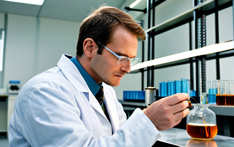 A professional chemist in a modest lab coat and safety glasses, meticulously observing a clear glass beaker on a pristine lab bench. Inside the beaker, a copper wire visibly transitions from shiny to a darkened, oxidized state. Beside it, a small, partially browned apple slice and a piece of rusted iron illustrate common oxidation examples. The laboratory is well-lit with modern equipment in the background, conveying a clean and organized environment. The subject maintains a natural pose with perfect anatomy, well-formed hands, and correct proportions. The image is a professional photograph, high quality, safe for work, appropriate content, fully clothed, and family-friendly.