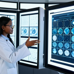 A diverse team of professional material scientists, fully clothed in modest lab coats, collaborates around a large holographic display in a pristine, futuristic research laboratory. The display presents intricate AI-generated molecular structures and advanced data visualizations. One scientist gestures towards the holographic projection, while another reviews details on a sleek tablet. The lab is illuminated with clean, ambient light, emphasizing innovation. Professional photography, ultra-realistic, high detail, sharp focus, perfect anatomy, correct proportions, natural pose, well-formed hands, proper finger count, natural body proportions, safe for work, appropriate content, fully clothed, professional dress.