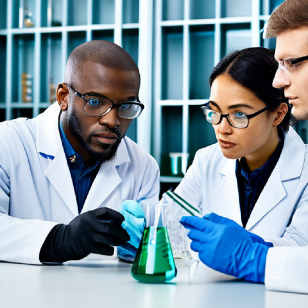 유기화합물 - A diverse group of scientists in a modern laboratory, working with beakers and models of organic mol...