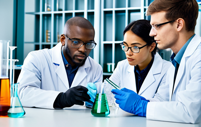 유기화합물 - A diverse group of scientists in a modern laboratory, working with beakers and models of organic mol...
