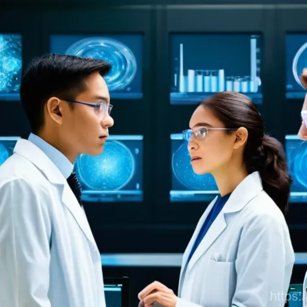 나노화학 - **Prompt:** A group of diverse scientists, including men and women, meticulously examining holograph...