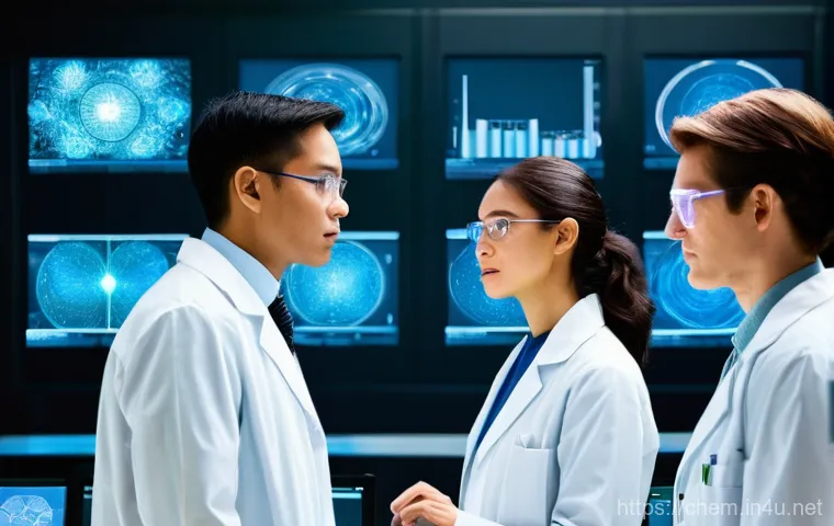 나노화학 - **Prompt:** A group of diverse scientists, including men and women, meticulously examining holograph...