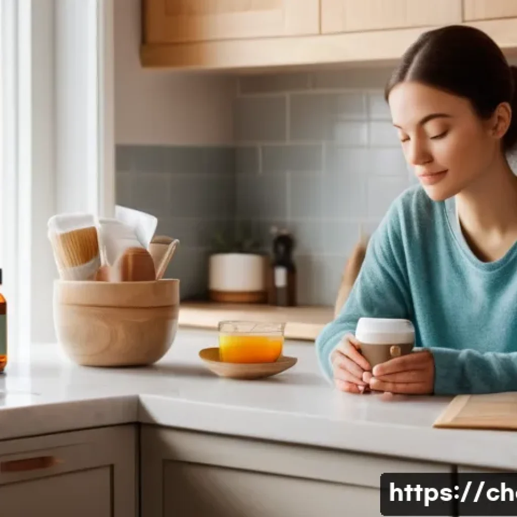 유기화학 - A warmly lit, cozy kitchen counter scene. On the counter, a steaming coffee mug, a small bottle of v...