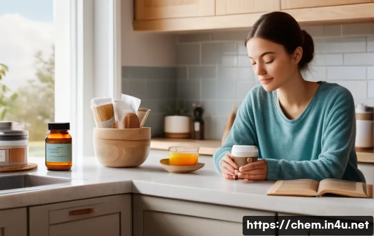 유기화학 - A warmly lit, cozy kitchen counter scene. On the counter, a steaming coffee mug, a small bottle of v...