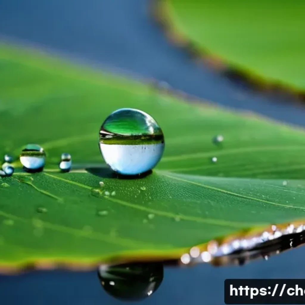 표면화학 - A serene macro shot showcasing the mesmerizing phenomenon of surface tension. In the foreground, sev...