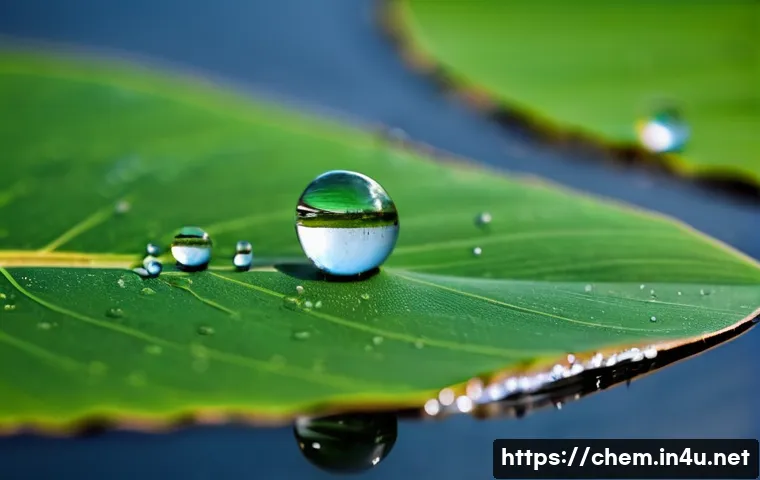 표면화학 - A serene macro shot showcasing the mesmerizing phenomenon of surface tension. In the foreground, sev...