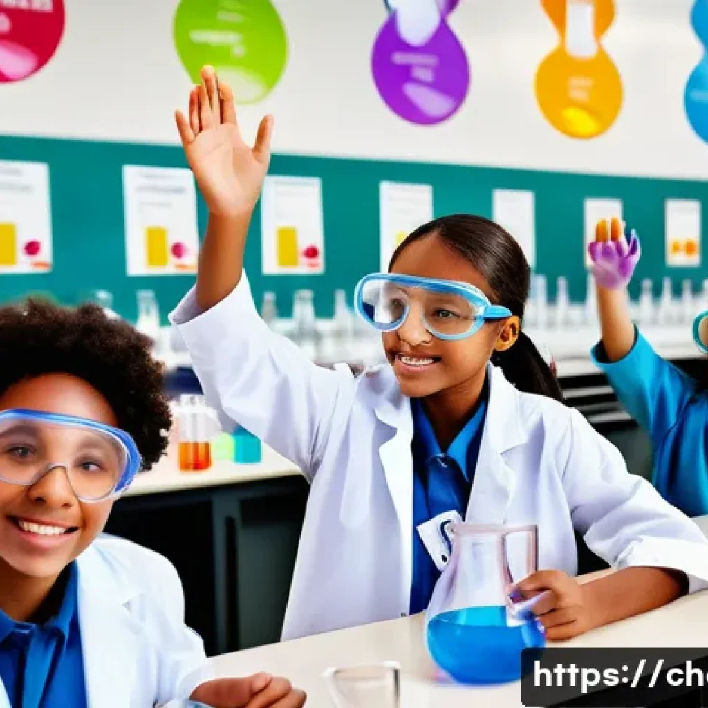 화학 교육의 중요성 - A detailed, vibrant classroom scene showing diverse students wearing lab coats and safety goggles co...