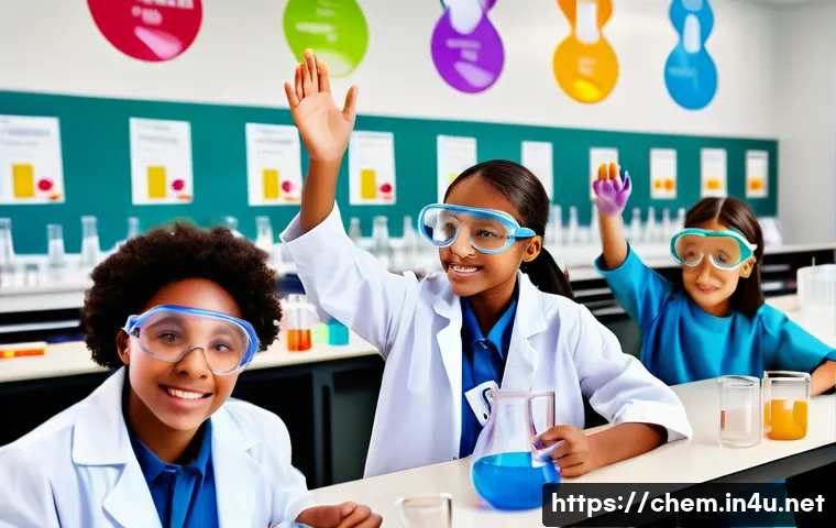 화학 교육의 중요성 - A detailed, vibrant classroom scene showing diverse students wearing lab coats and safety goggles co...