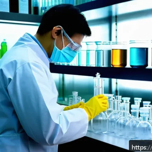 유기화학 실험법 - A detailed laboratory scene showing a scientist wearing full safety gear including tight-fitting saf...