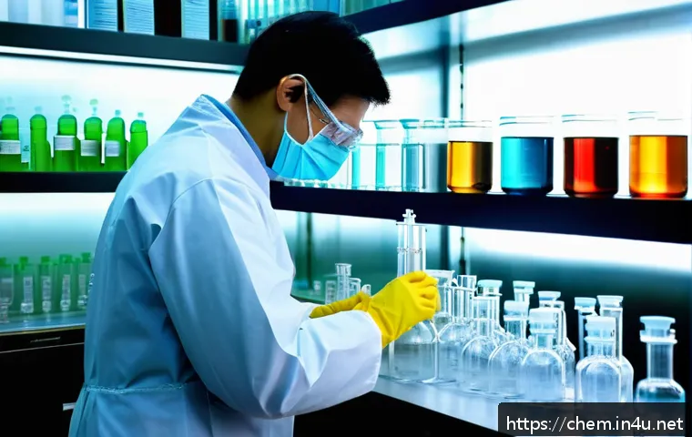 유기화학 실험법 - A detailed laboratory scene showing a scientist wearing full safety gear including tight-fitting saf...