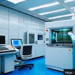 분광법 - A high-tech semiconductor manufacturing cleanroom scene showing engineers in protective suits examin...