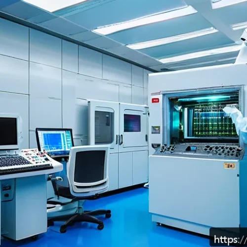 분광법 - A high-tech semiconductor manufacturing cleanroom scene showing engineers in protective suits examin...