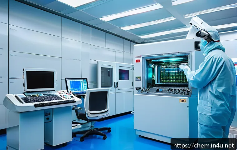 분광법 - A high-tech semiconductor manufacturing cleanroom scene showing engineers in protective suits examin...