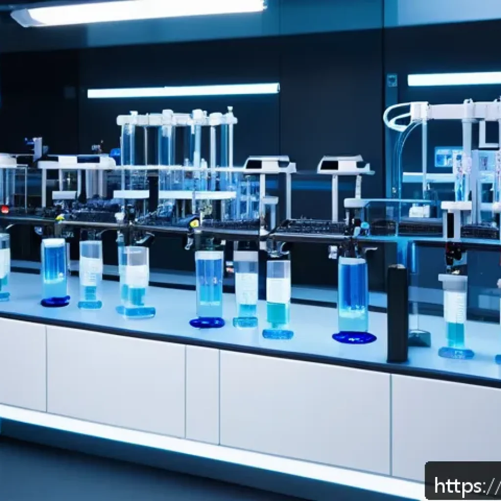 인공지능을 이용한 화학 실험 - A futuristic chemistry laboratory featuring advanced AI and robotic arms performing automated chemic...