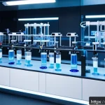 인공지능을 이용한 화학 실험 - A futuristic chemistry laboratory featuring advanced AI and robotic arms performing automated chemic...