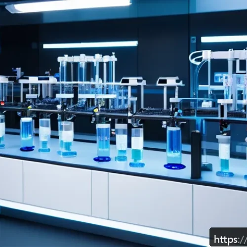 인공지능을 이용한 화학 실험 - A futuristic chemistry laboratory featuring advanced AI and robotic arms performing automated chemic...