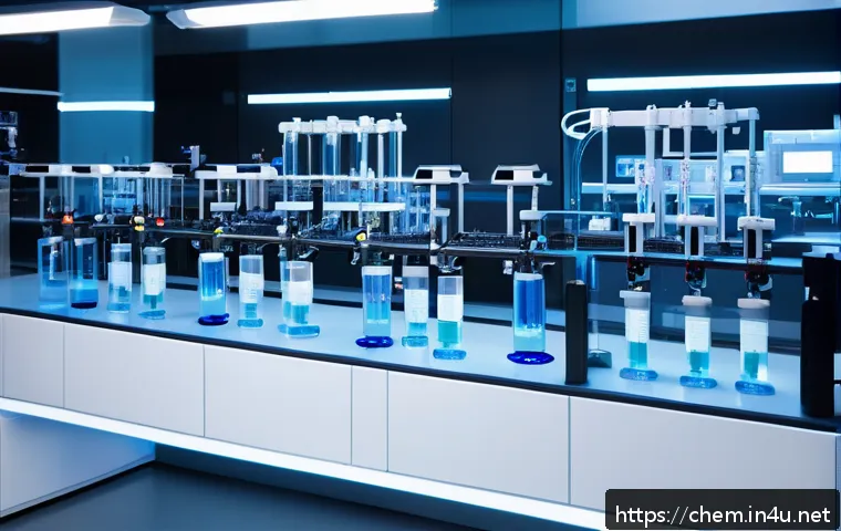인공지능을 이용한 화학 실험 - A futuristic chemistry laboratory featuring advanced AI and robotic arms performing automated chemic...