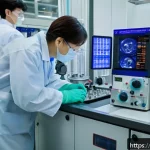 실험 기기 및 장비 사용법 - A detailed laboratory scene showing a scientist wearing safety goggles, gloves, and a lab coat, care...