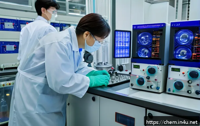 실험 기기 및 장비 사용법 - A detailed laboratory scene showing a scientist wearing safety goggles, gloves, and a lab coat, care...