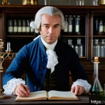 화학 혁명의 주요 인물들 - A detailed portrait of Antoine Lavoisier in an 18th-century laboratory setting, surrounded by precis...