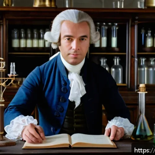 화학 혁명의 주요 인물들 - A detailed portrait of Antoine Lavoisier in an 18th-century laboratory setting, surrounded by precis...