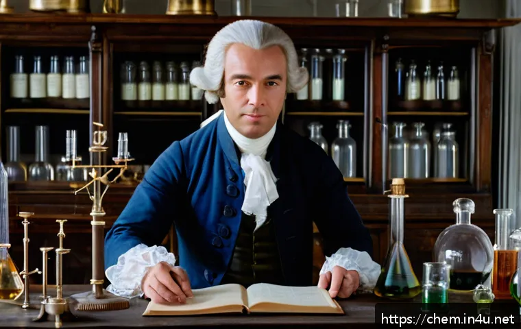화학 혁명의 주요 인물들 - A detailed portrait of Antoine Lavoisier in an 18th-century laboratory setting, surrounded by precis...