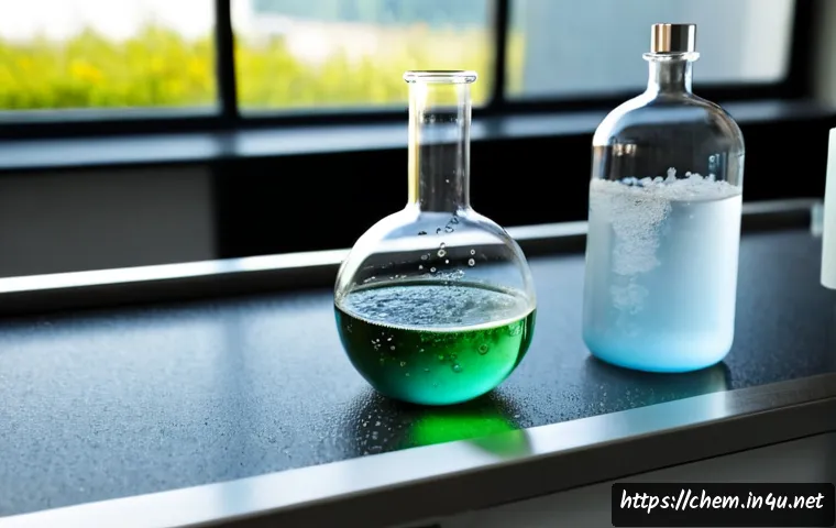 촉매의 역할 - Photorealistic chemistry laboratory scene illustrating the role of a catalyst: two clear glass react...