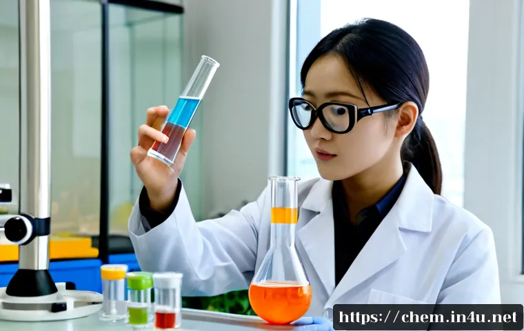 유기화학 반응 메커니즘 - Photorealistic university chemistry laboratory scene, a focused adult researcher in safety goggles a...