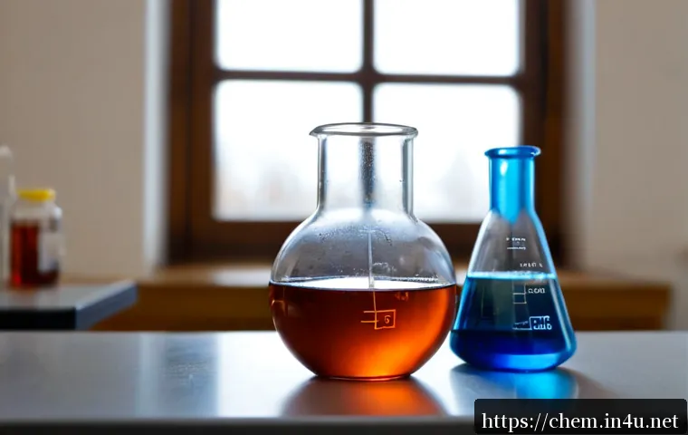 산화환원 반응 - Photorealistic chemistry laboratory scene illustrating an oxidation-reduction reaction, a clean glas...