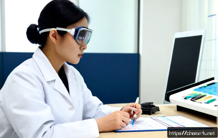 화학 실험 계획 수립 - Photorealistic university chemistry laboratory planning scene, a focused adult scientist in protecti...