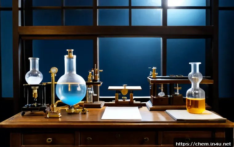 화학의 역사와 미래 - Photorealistic split-era chemistry laboratory, an antique wooden workbench with glass retorts, brass...