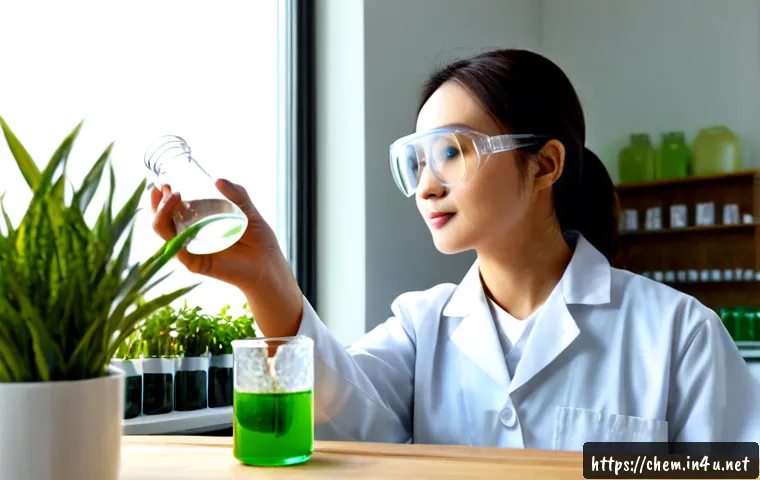 화학과 지속 가능성 - Photorealistic sustainable chemistry laboratory, female scientist in a white lab coat and protective...