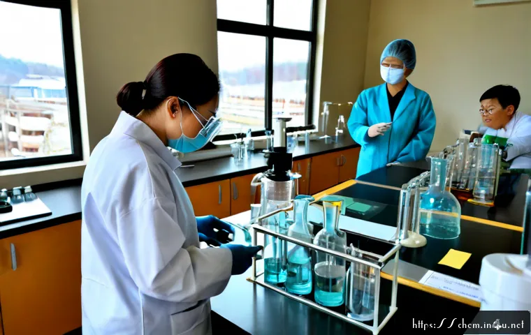 화학의 사회적 영향 - Photorealistic modern chemistry laboratory with a diverse team of scientists in protective coats and...