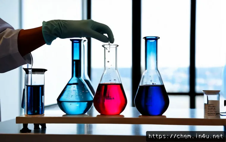 Home 17 산 염기 이론 - Photorealistic chemistry laboratory scene illustrating acid-base theory, clear glass beakers contain...